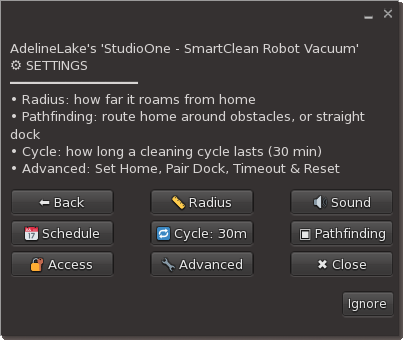 Settings menu dialog
