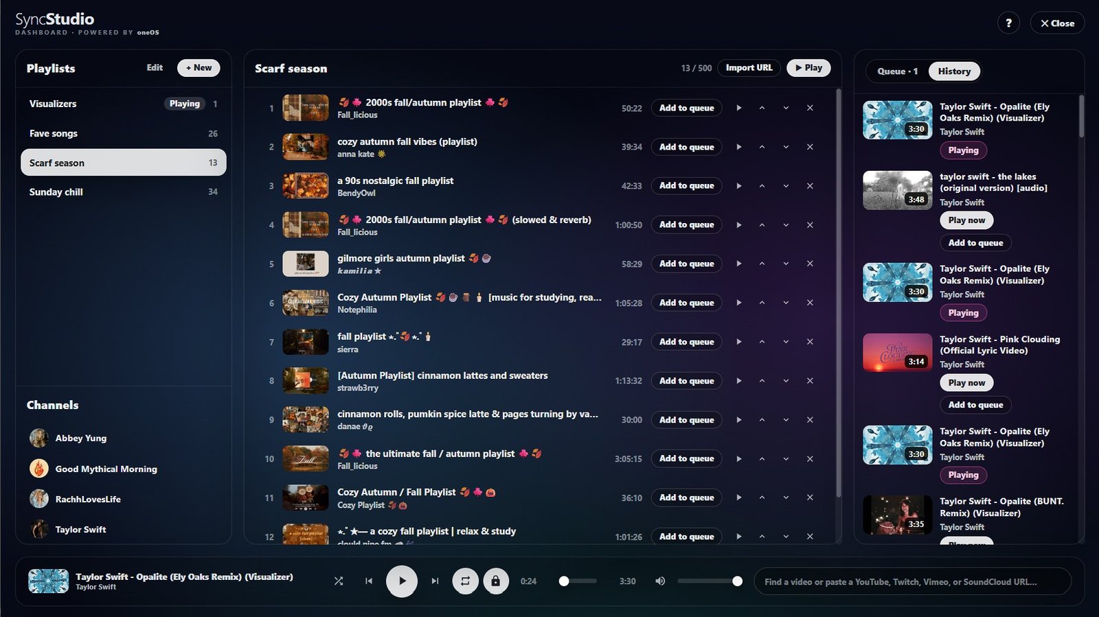 The SyncStudio Dashboard: playlists and channels on the left, the open playlist in the middle, the queue and History on the right, playback and search along the bottom.